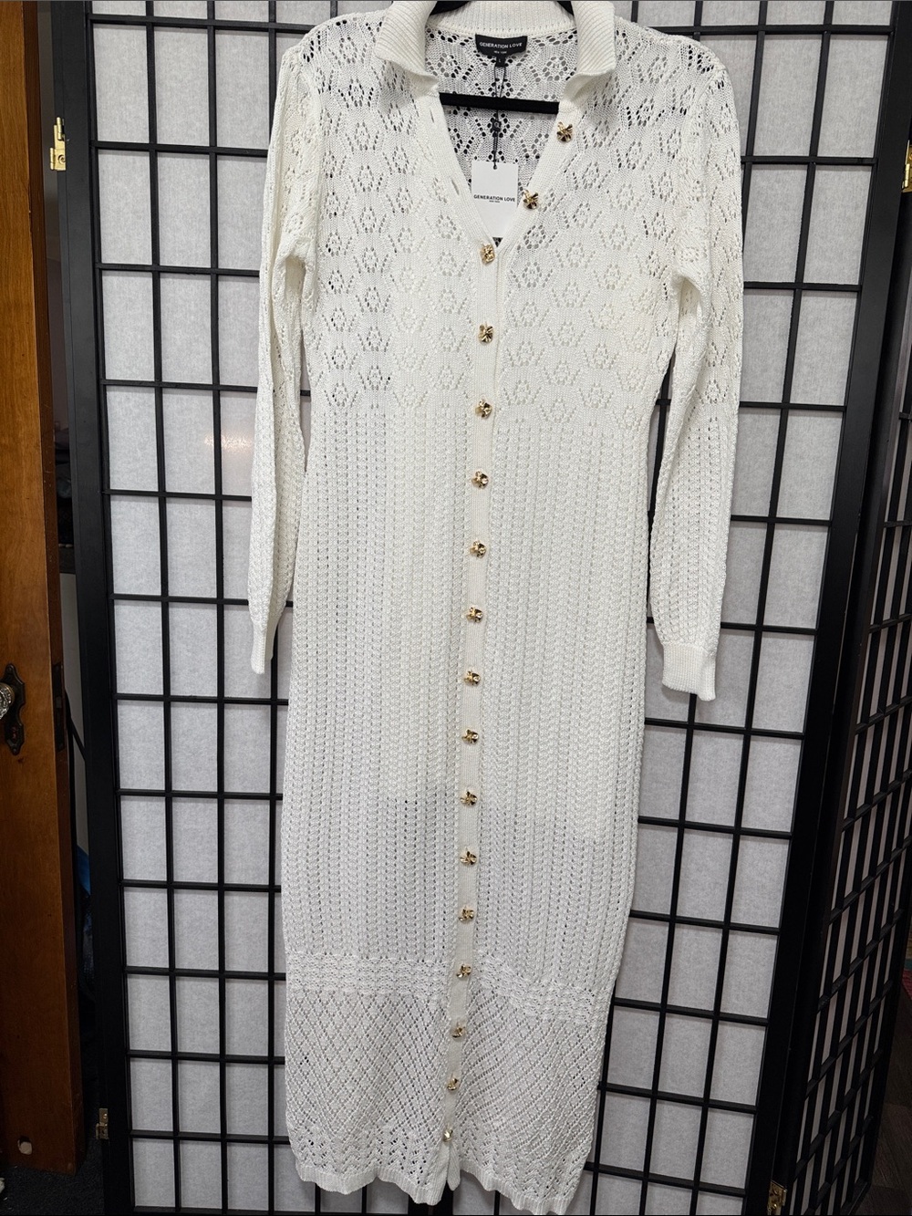 GENERATION LOVE Eleni Pointelle Knit Dress White L Gold Button Midi Cover Up - Picture 8 of 16